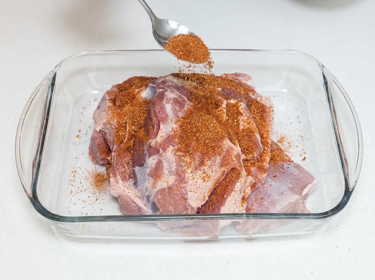 ガラス容器に入った豚肩肉にシーズニングを振りかけている様子。