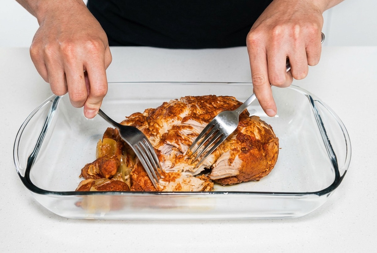 調理済みの豚肉を2本のフォークでほぐしている様子。