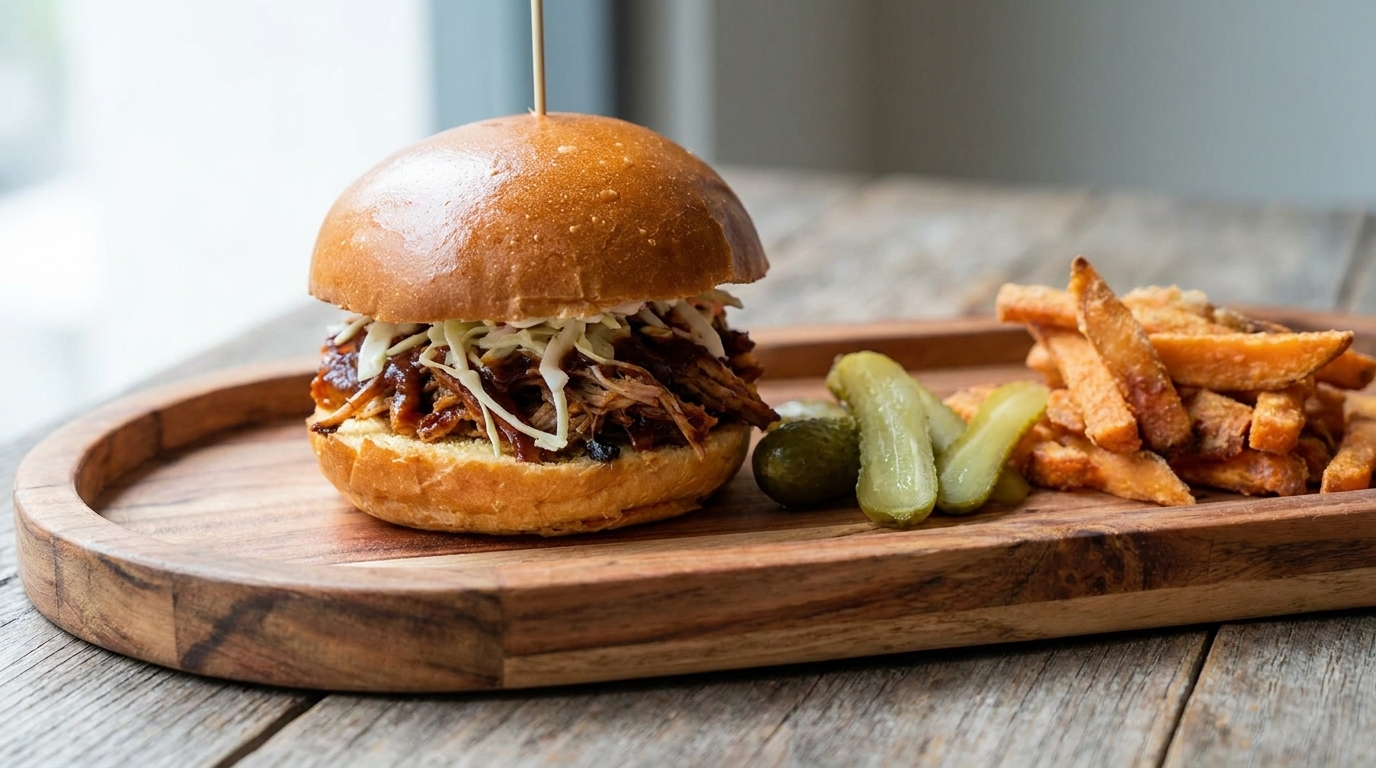 特製BBQソースとコールスローをトッピングした、ボリューム満点のプルドポークバーガーとピクルス。