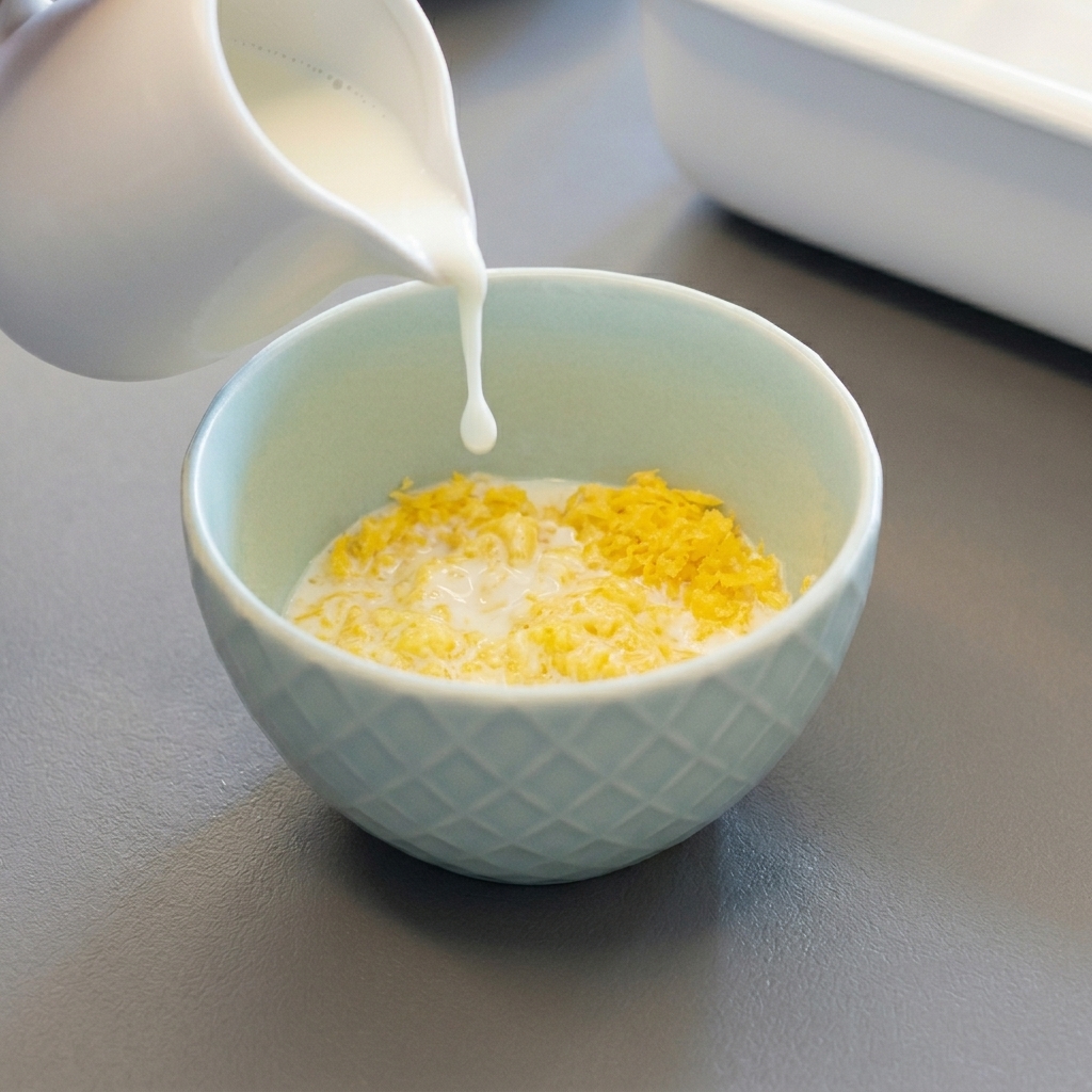 パン粉が入ったボウルに牛乳を注ぐ様子。