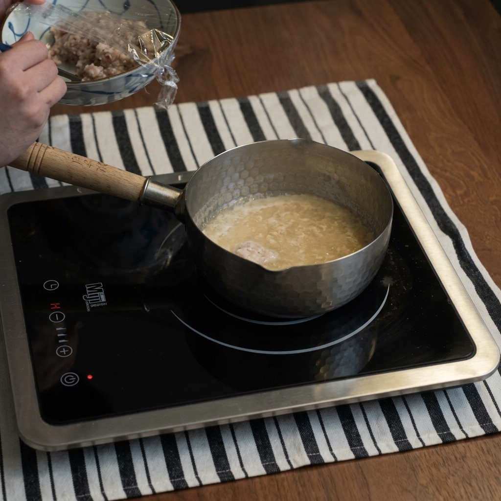 フライパンでソースと絡まりながら完成に近づくハンバーグ。