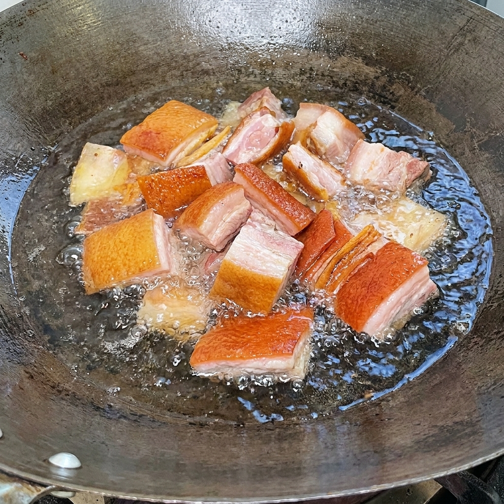 大きめの鍋で熱湯を使ってスモークリブを下茹でしている様子。
