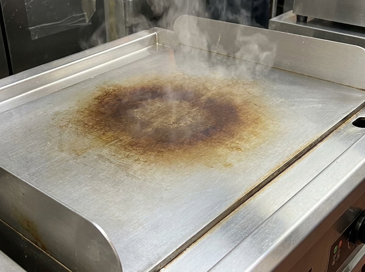 金属製のヘラで、鉄板上の調味料と唐辛子を素早く混ぜ合わせている様子。