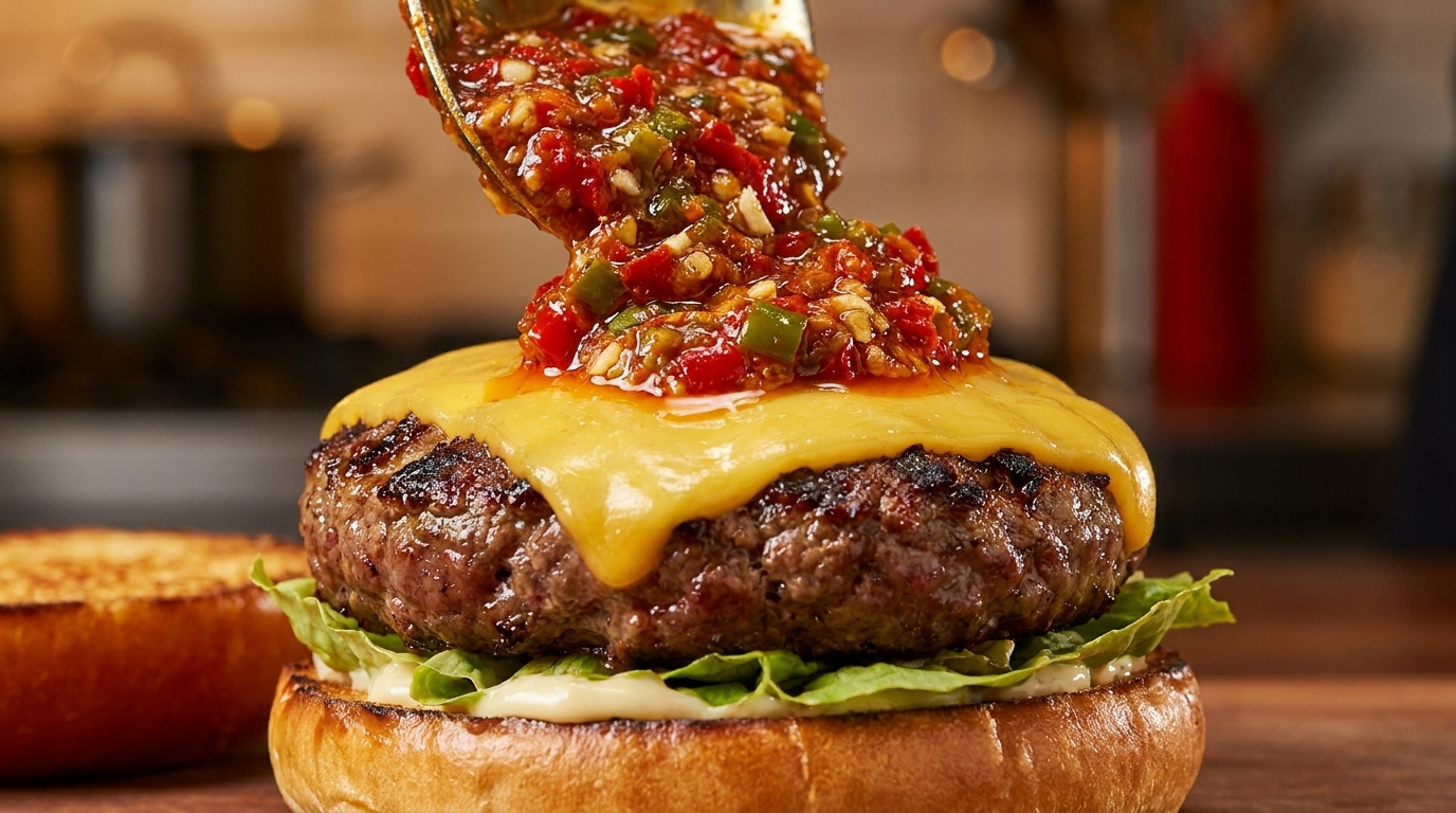 鮮やかなファイヤーロースト・チリソースととろけるチーズをトッピングした、グルメなビーフバーガー。