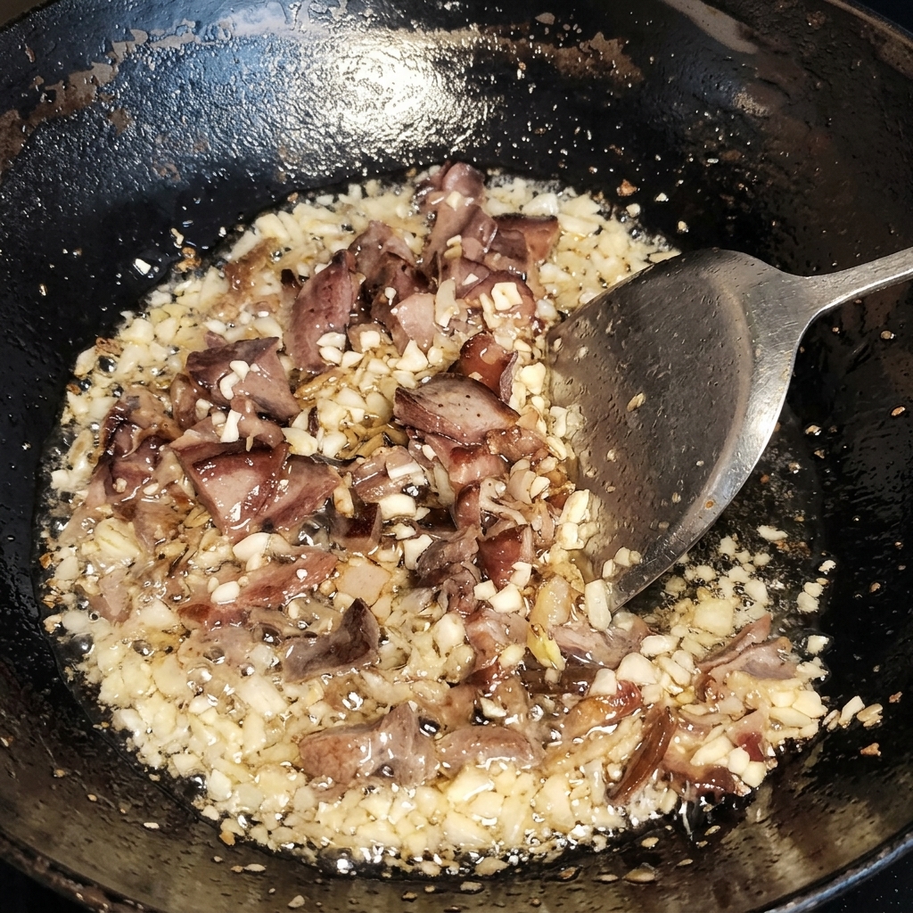 中華鍋の中で牛肉とニンニクをヘラで炒めており、具材の周りで油が透明に泡立っている様子。