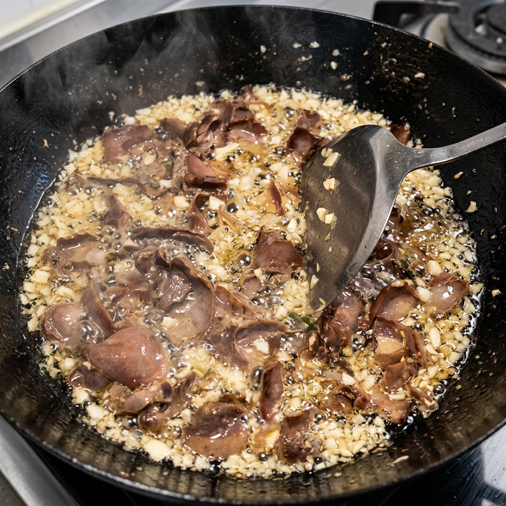 中華鍋の中でジュージューと音を立てる牛肉に、みじん切りの生姜と粗挽き唐辛子を加えようとしている様子。