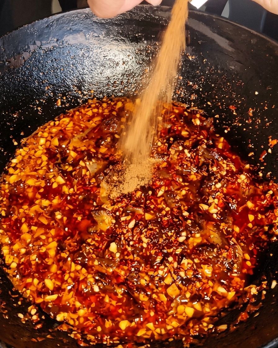 中華鍋で煮立っている牛肉と唐辛子に、粉末スパイスを加えている様子。