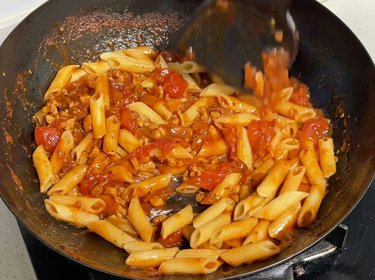 ソースとパスタを強火で絡めている様子。