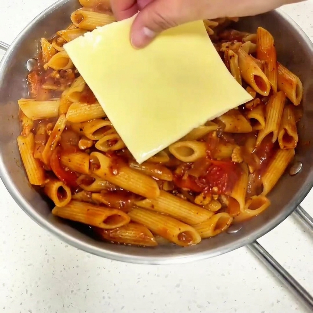 皿に盛ったパスタの上にチーズを乗せている様子。