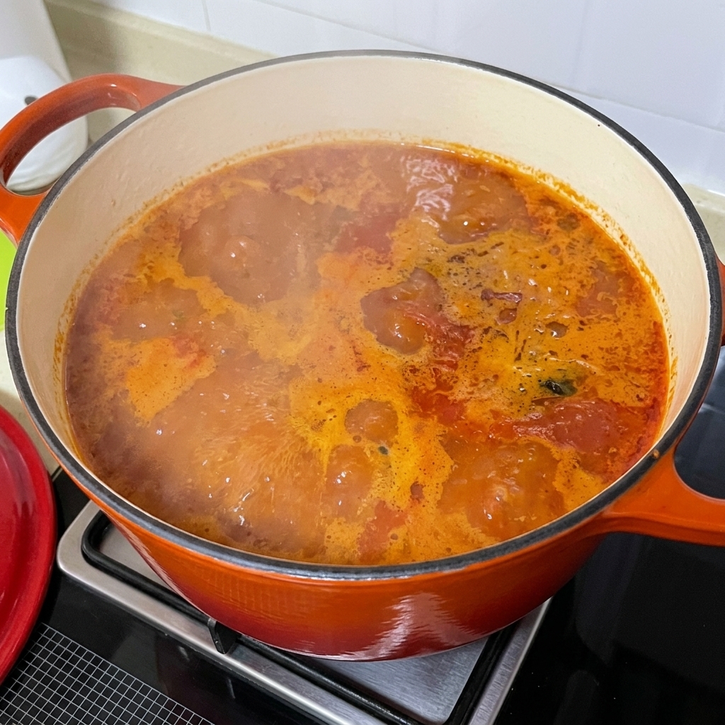ぐつぐつ煮立つスパイシーなあさりスープに、スライスしたじゃがいもを加えている様子。