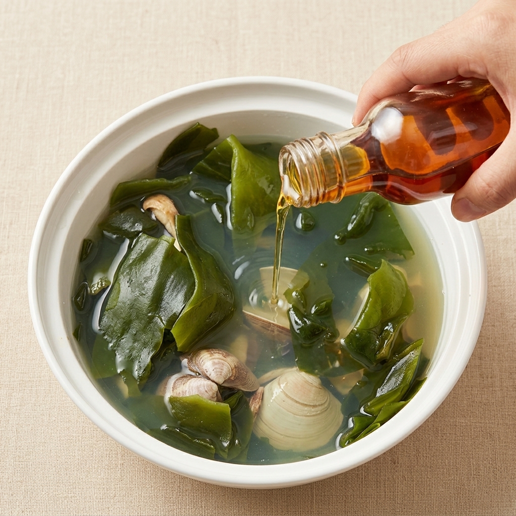 黄金色のごま油を回しかけて仕上げた、香り高いあさりとわかめのクリアスープ。