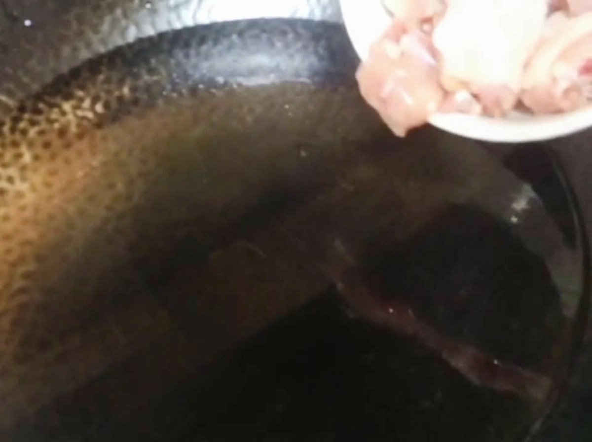 生の鶏肉を冷水が入った中華鍋に入れている様子。