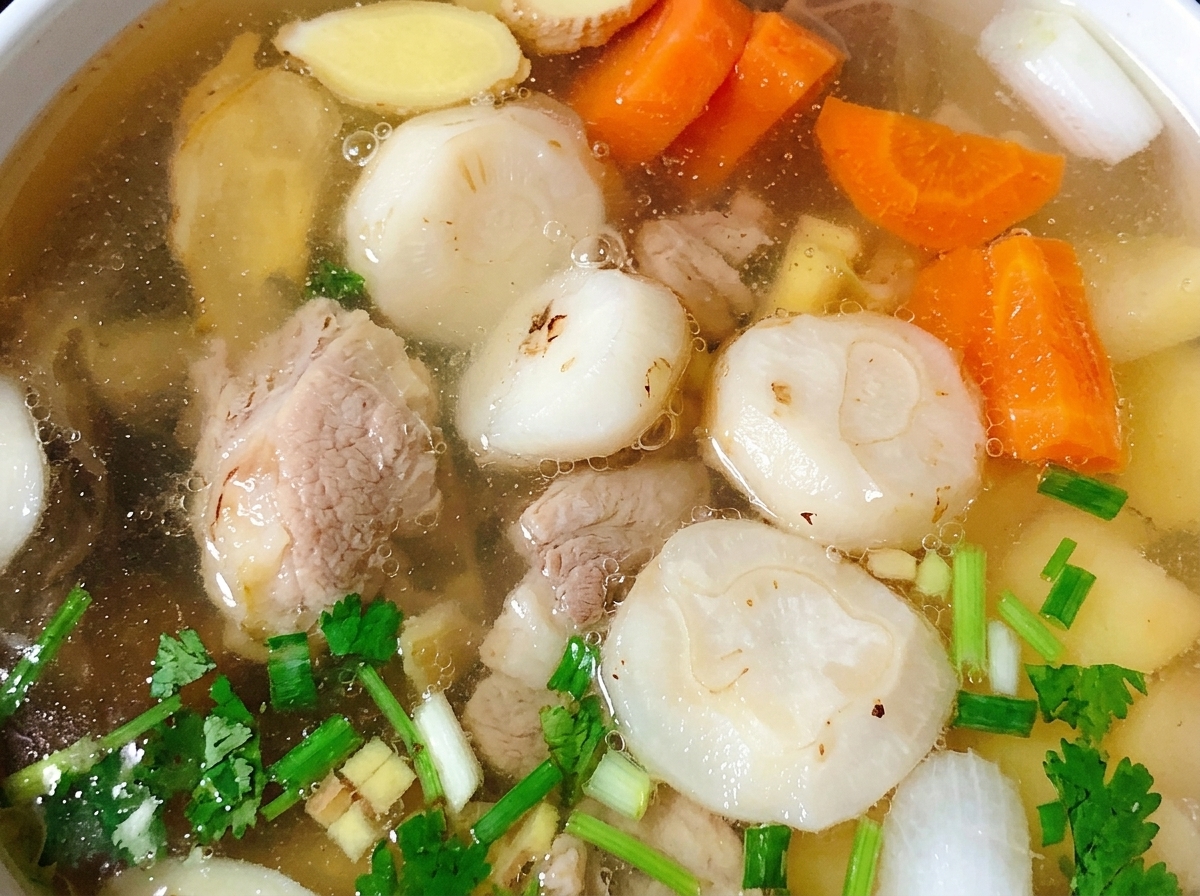 にんじん、じゃがいも、くわいが入った鶏スープが煮立っている様子。