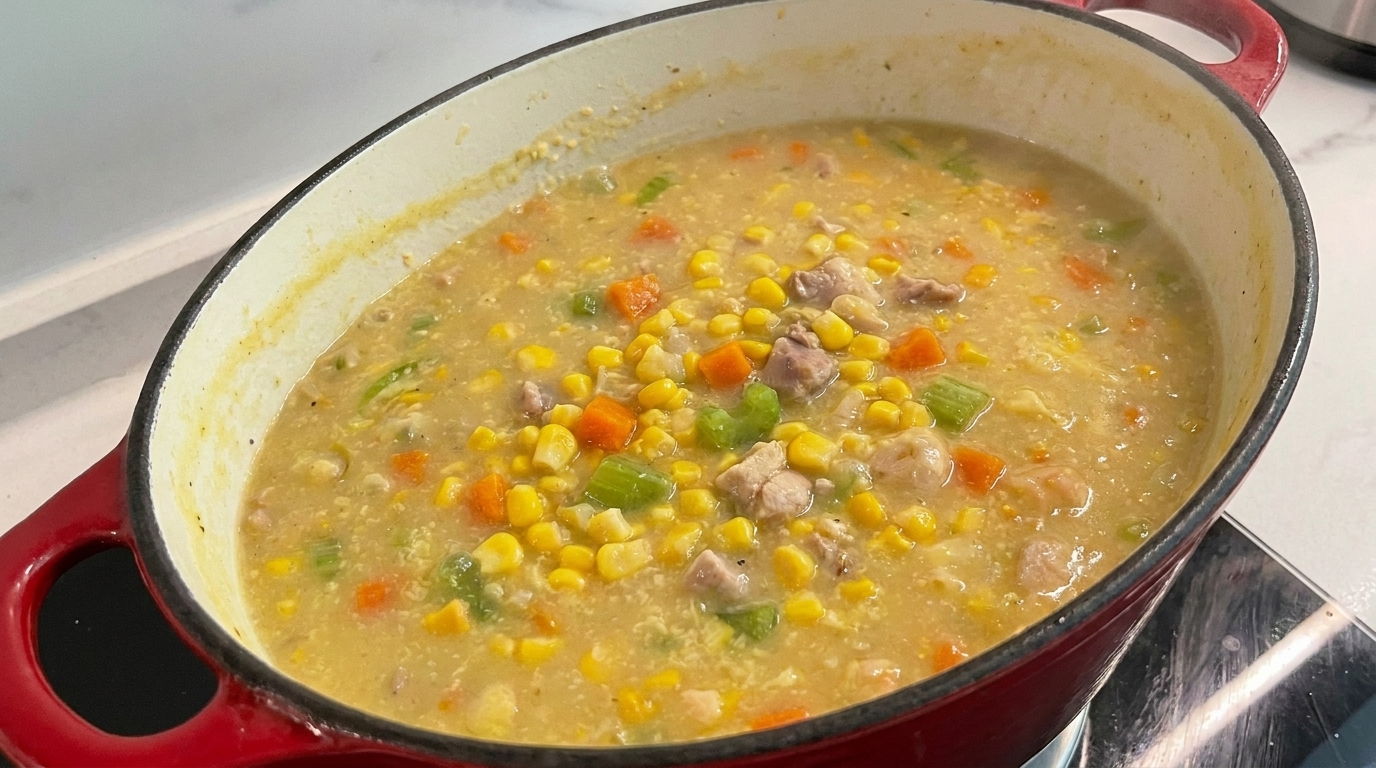 赤い鋳物鍋に入った、コーンの粒と鶏肉がたっぷりと入った濃厚でクリーミーなチキンコーンチャウダー。