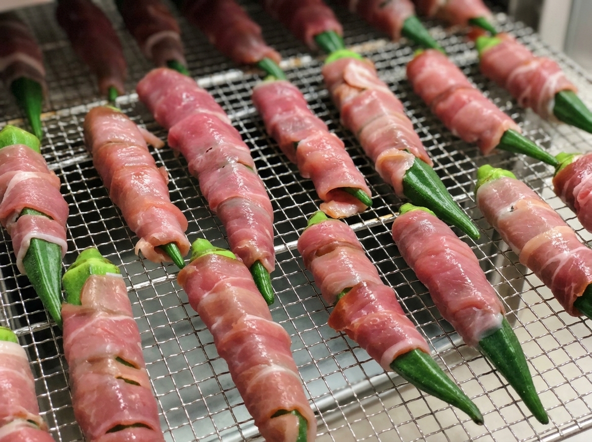 生の鴨肉を巻いたオクラが綺麗に並べられた網。食品乾燥機に入れられる準備ができている様子。