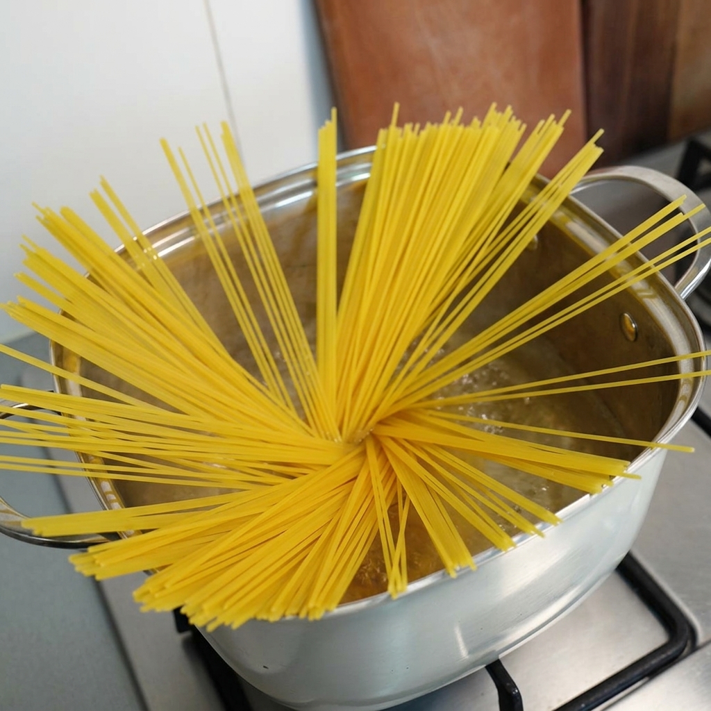 沸騰した鍋に扇状に広げた乾麺のスパゲッティを入れている様子。