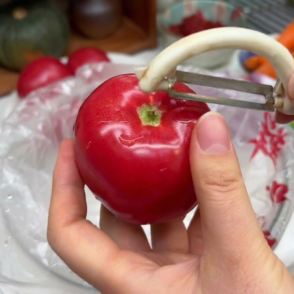 ピーラーでトマトの皮をむいている手元。