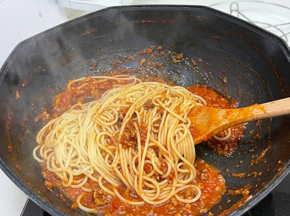 フライパンで茹でたパスタとソースを和えている様子。