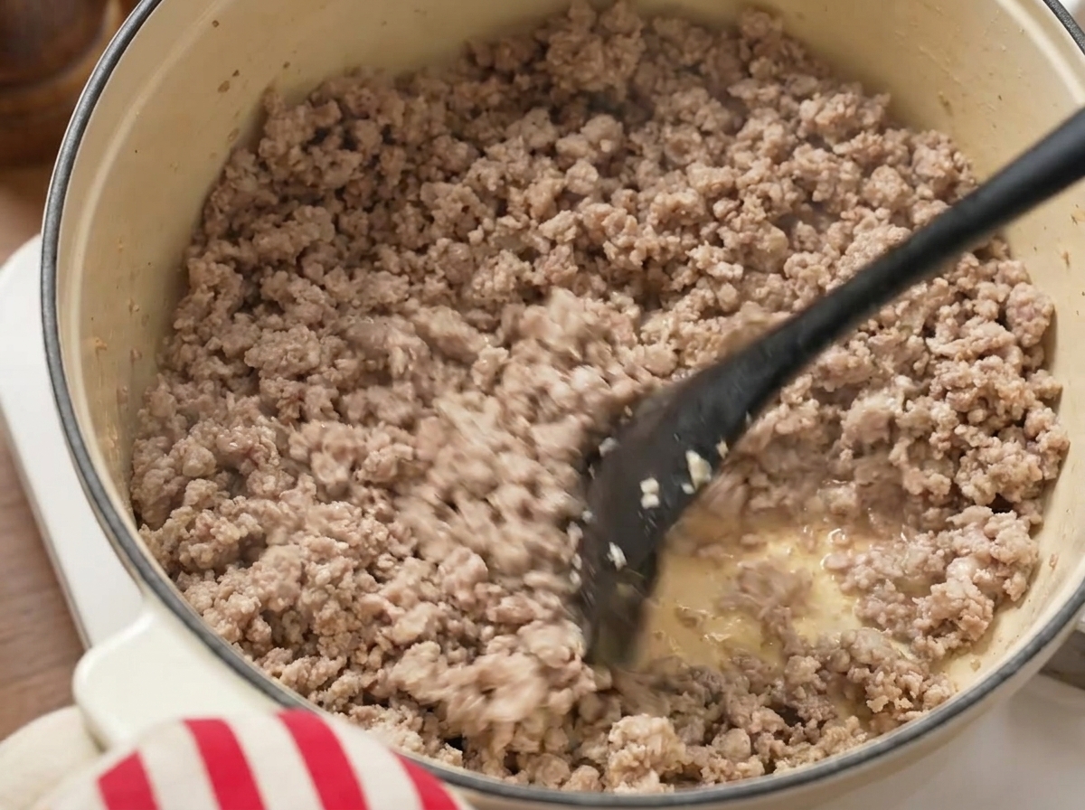 鍋でひき肉をほぐしながら炒めている様子。
