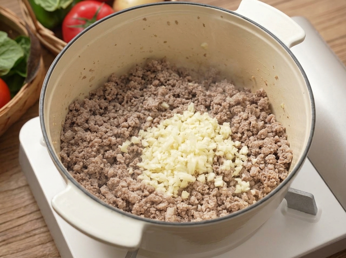炒めたひき肉の上から刻んだにんにくを加えている様子。