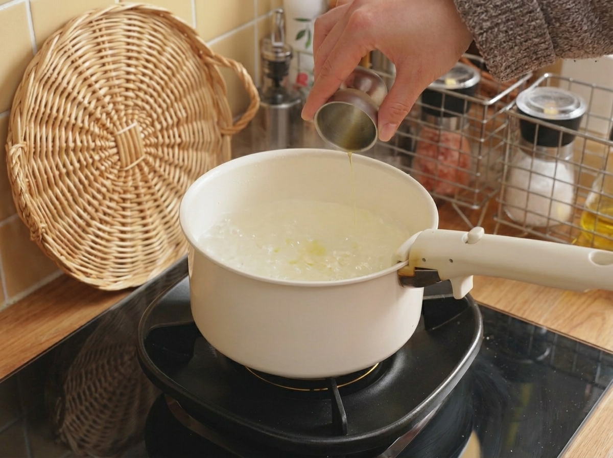 茹で用のお湯に油と塩を入れている様子。
