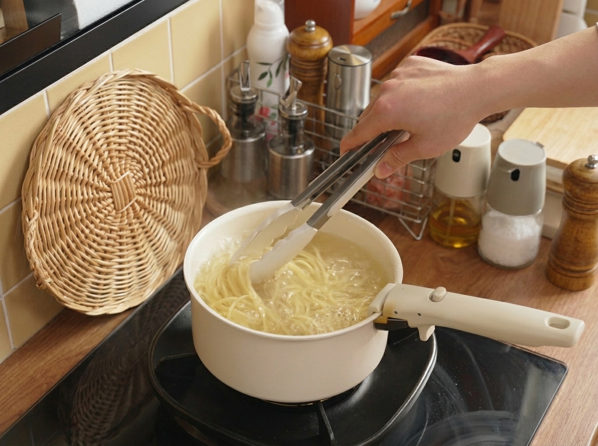 トングを使ってパスタを混ぜている様子。