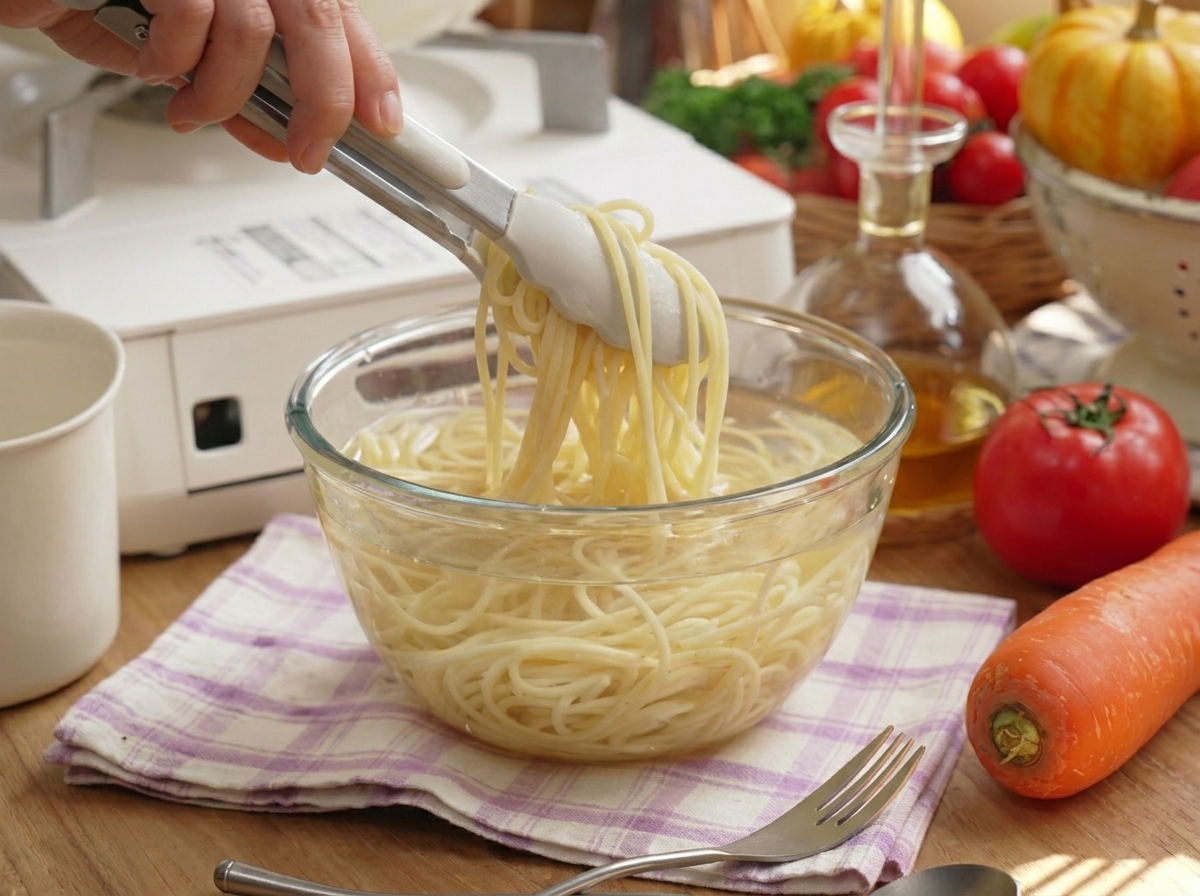 茹で上がったパスタを冷水で締めている様子。