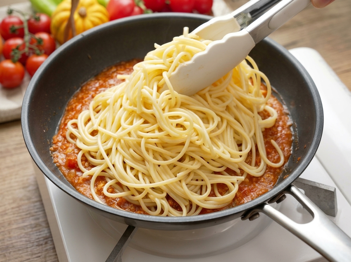 加熱したソースの中にパスタを投入している様子。