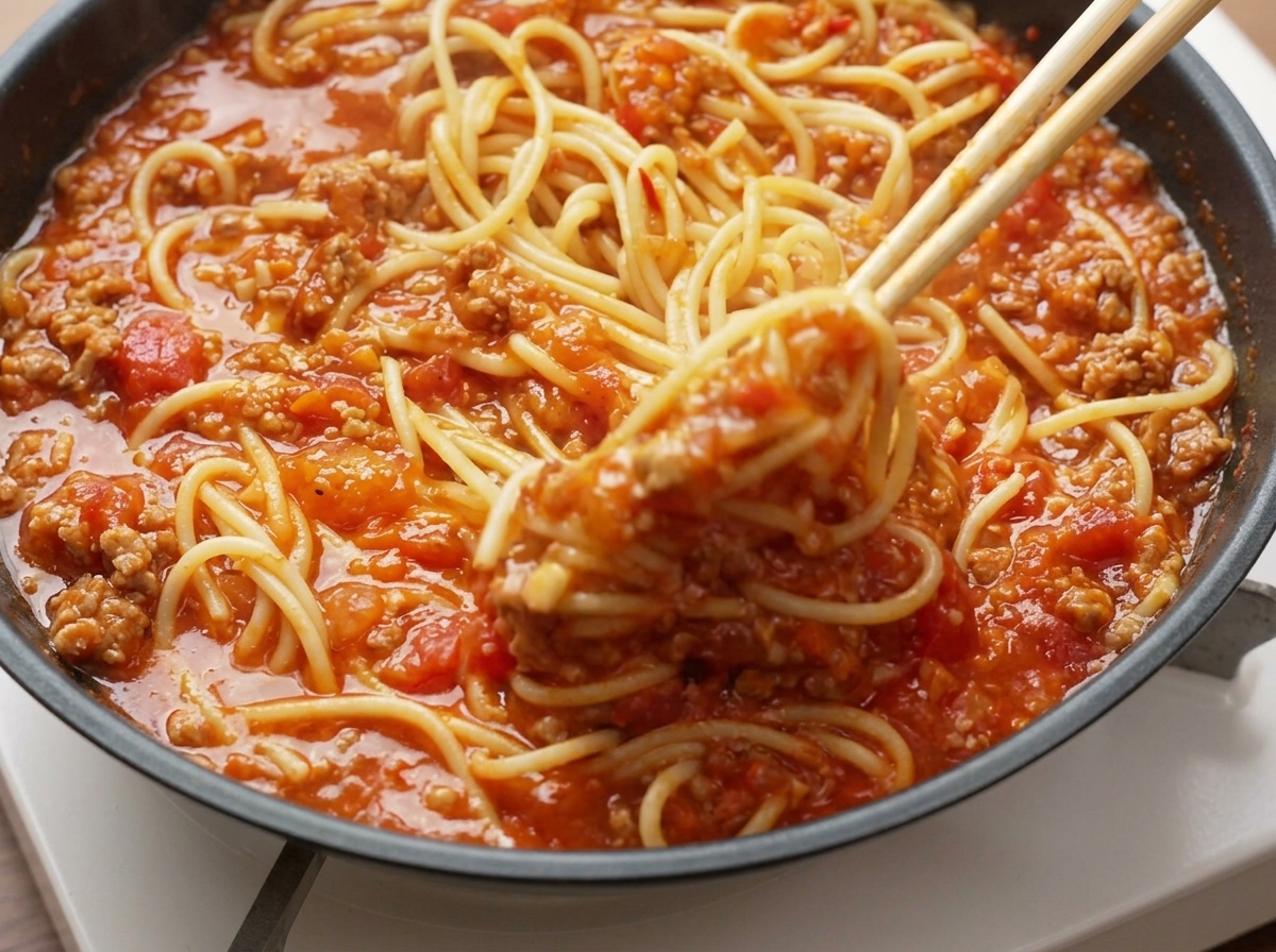 パスタとソースを皿に盛り付けている様子。