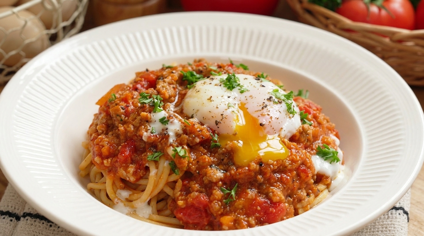 温泉卵とパセリをトッピングした、彩り豊かなトマトミートソースパスタ。