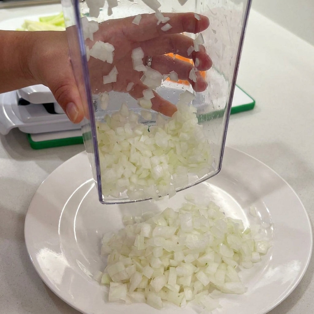 野菜チョッパーを使って玉ねぎを細かく切っている様子。