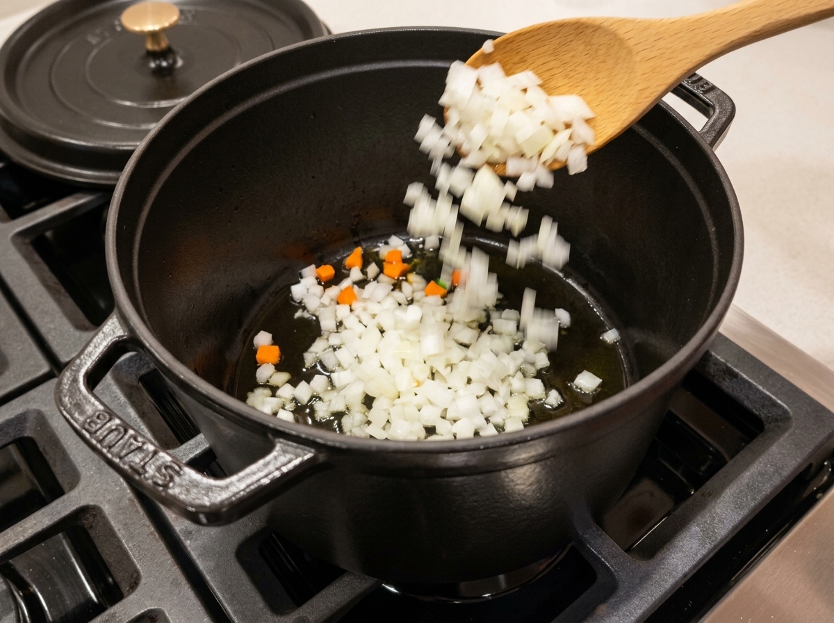 鍋で玉ねぎを炒めている様子。