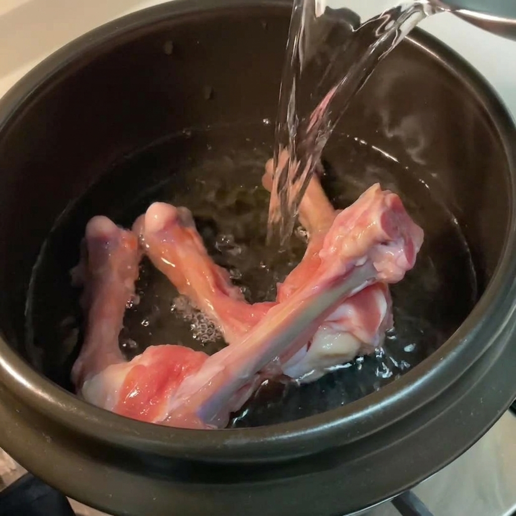 鶏の骨が入った鍋に水を注ぐ様子。