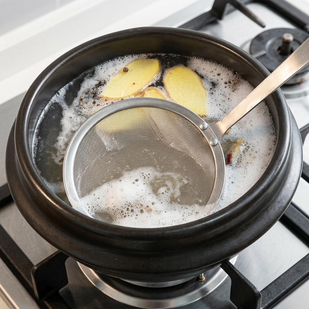 細かな網目のザルでスープのアクを取り除いている様子。