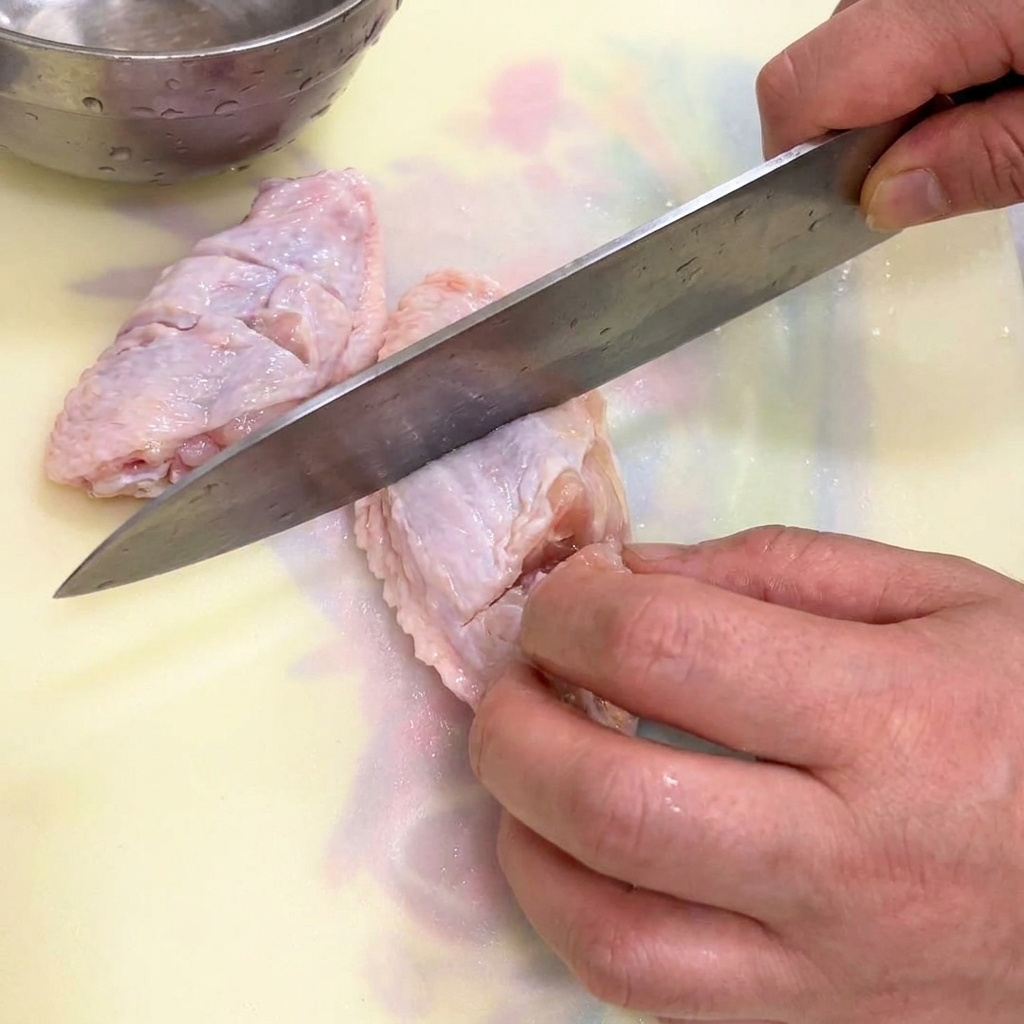 まな板の上で、生の鶏手羽先の皮に包丁で切れ目を入れている手元のアップ。