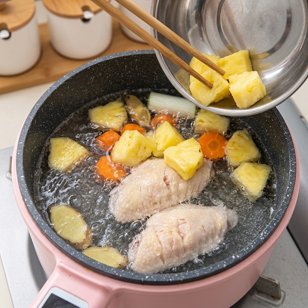 鶏手羽先と水が入った鍋に、角切りにしたにんじんとじゃがいもを加えている様子。