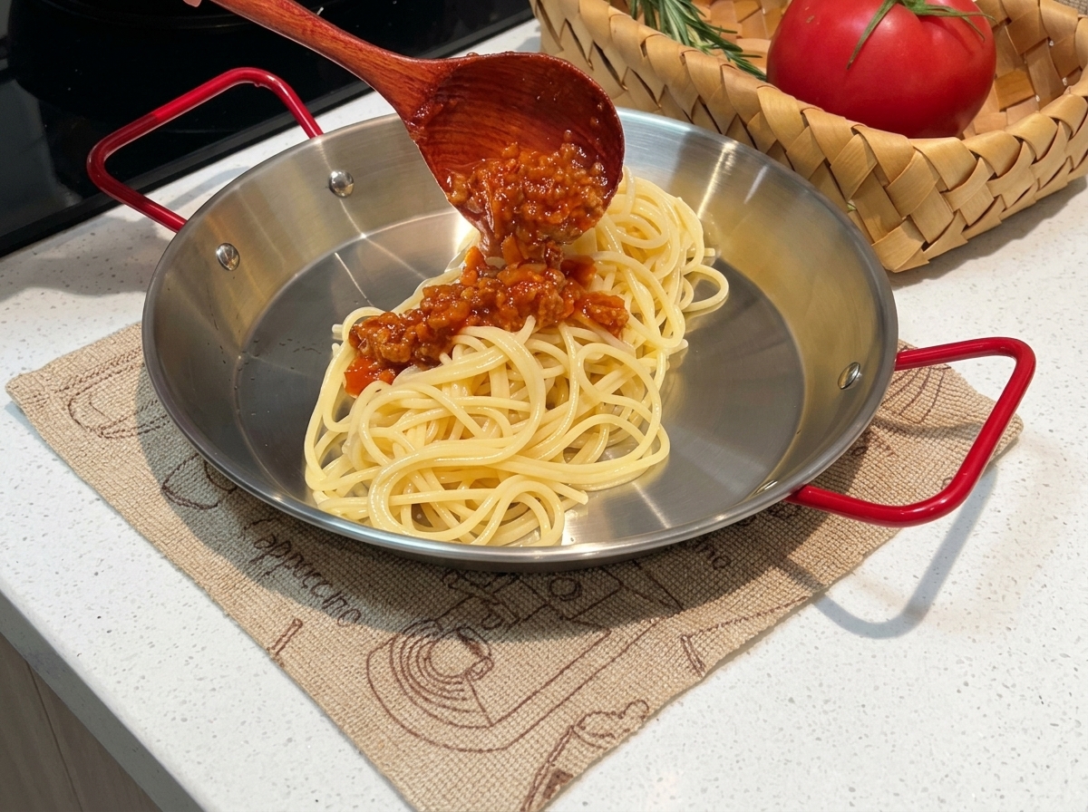 茹で上がったパスタにミートソースをかけている様子。