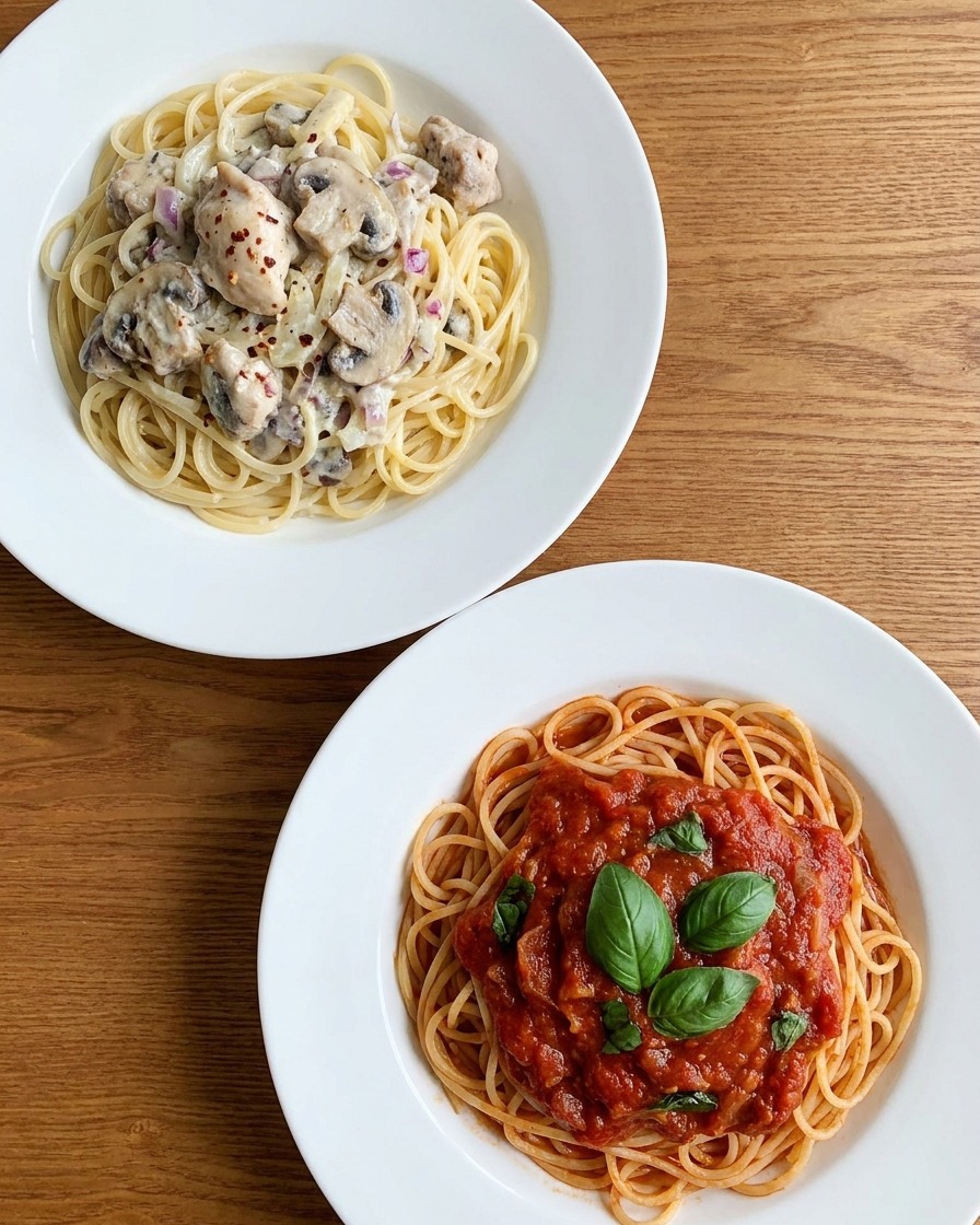 ゆであがったスパゲッティを赤いトングで鍋から取り出し、フライパンのクリームソースに入れている様子。