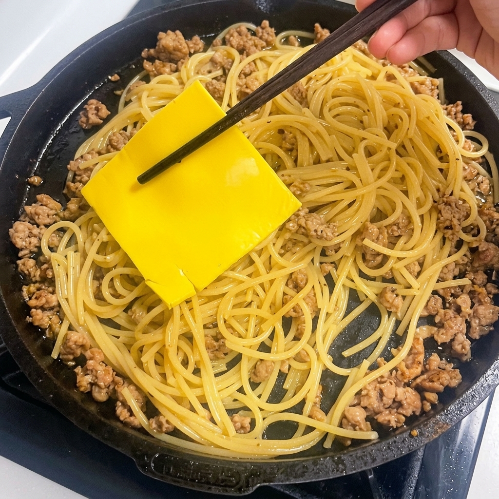 スキレット内の熱いパスタの上にのせられたスライスチーズ