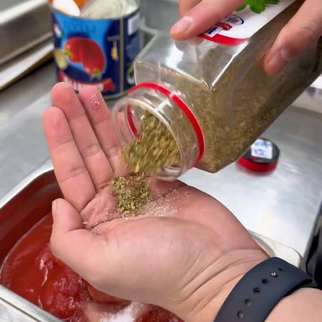 手のひらからトマトソースの容器に乾燥オレガノを振り入れている様子。
