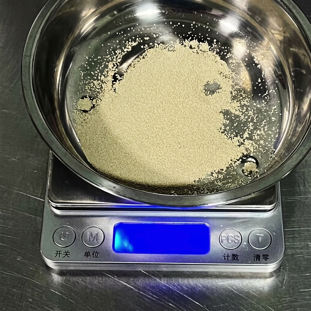 小さな金属製の皿でドライイーストを計量している様子。