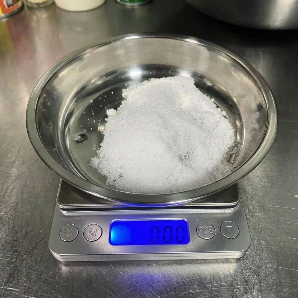 小さな皿に盛られた海塩をスケールで計量している様子。
