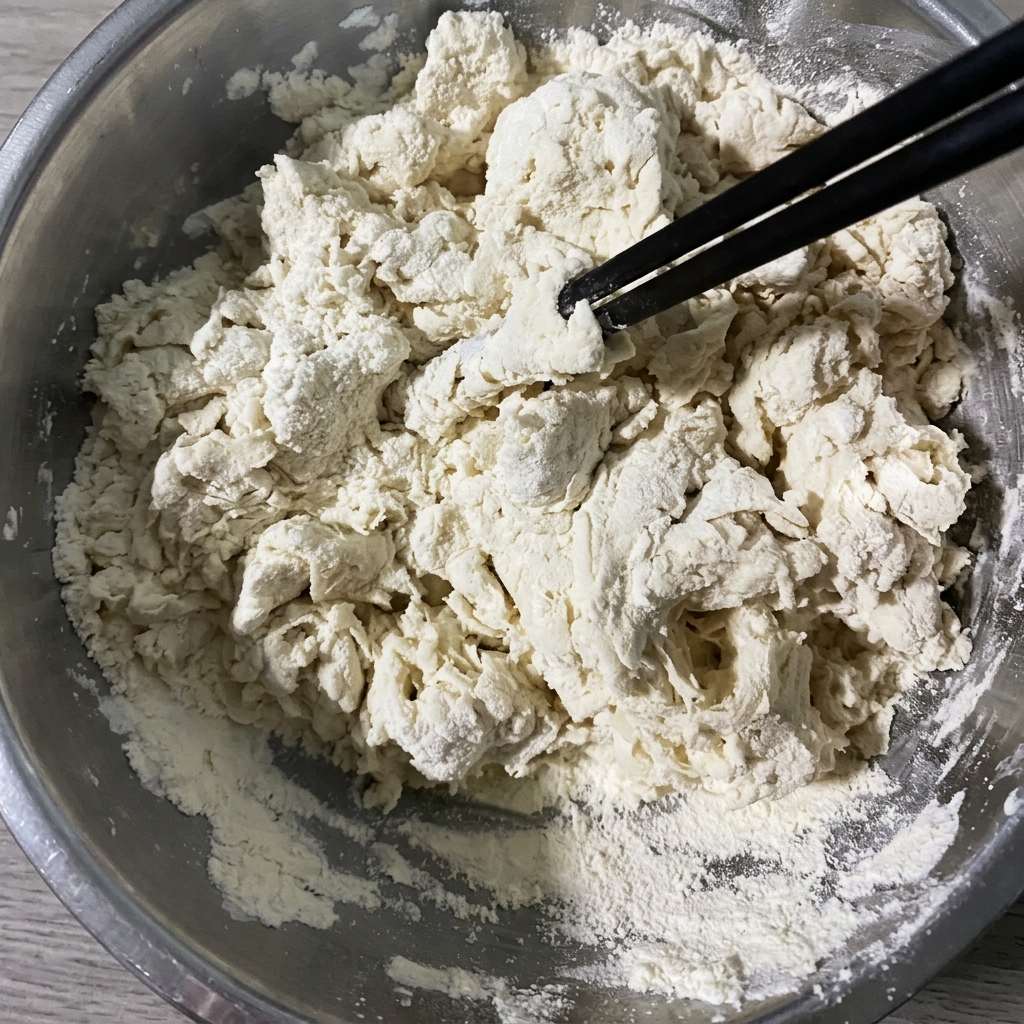 粉と水が混ざり、ボウルの中でまとまりかけている様子。
