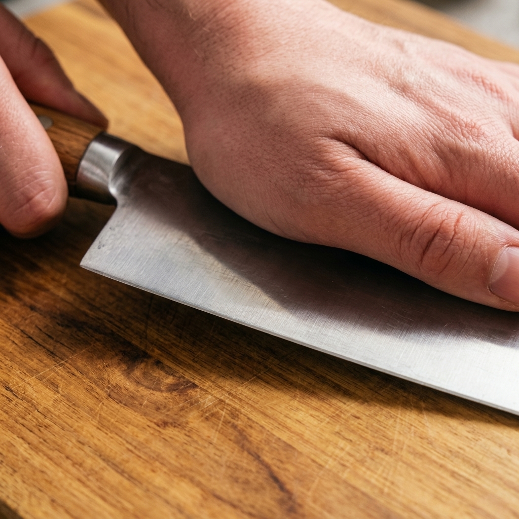 まな板の上で包丁の腹を使ってにんにくを潰している様子。