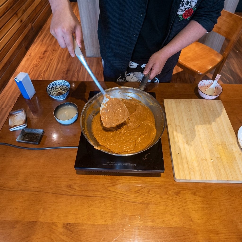 フライパンで味噌ペーストを炒めている様子。