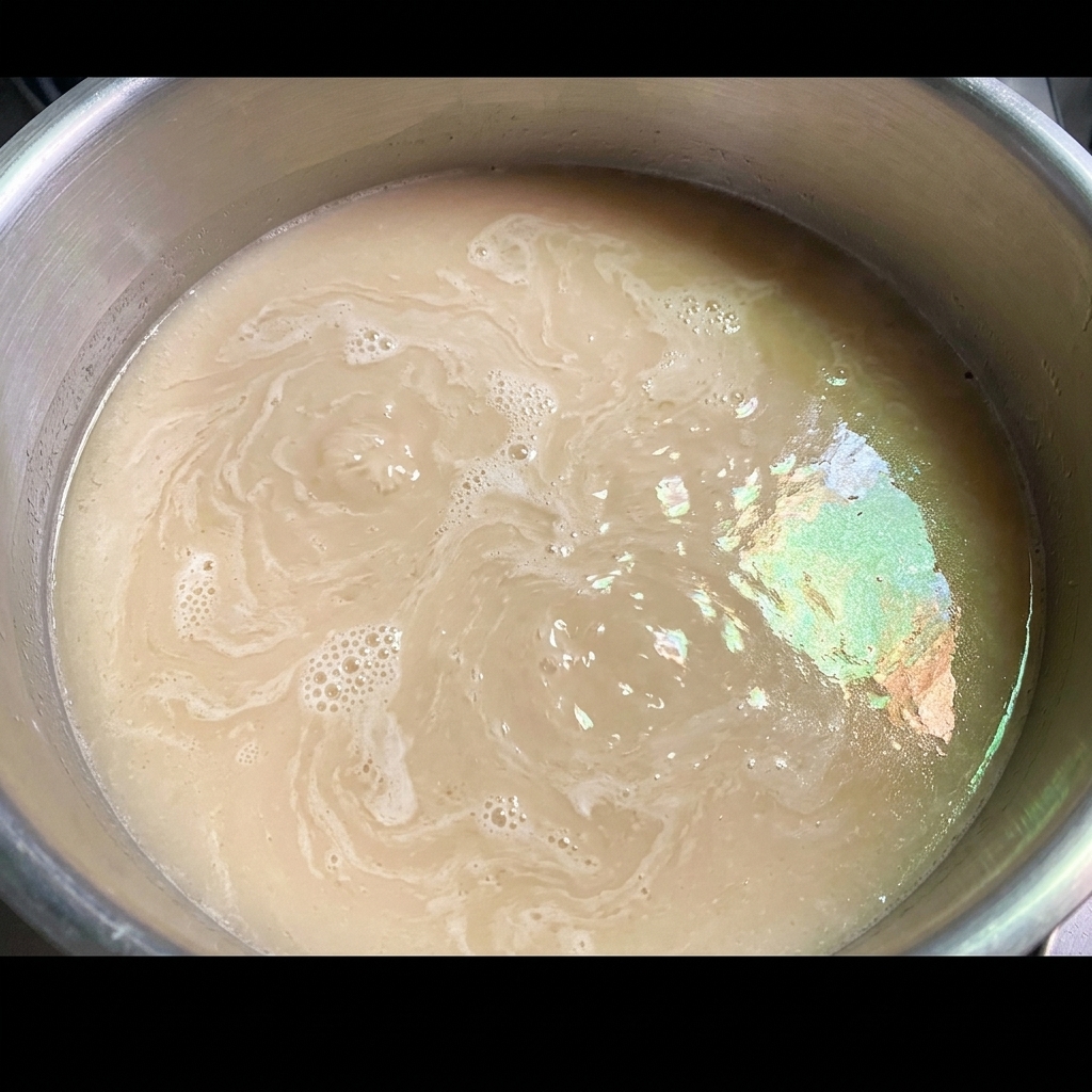 炒めた味噌に豚骨スープを注いでいる様子。