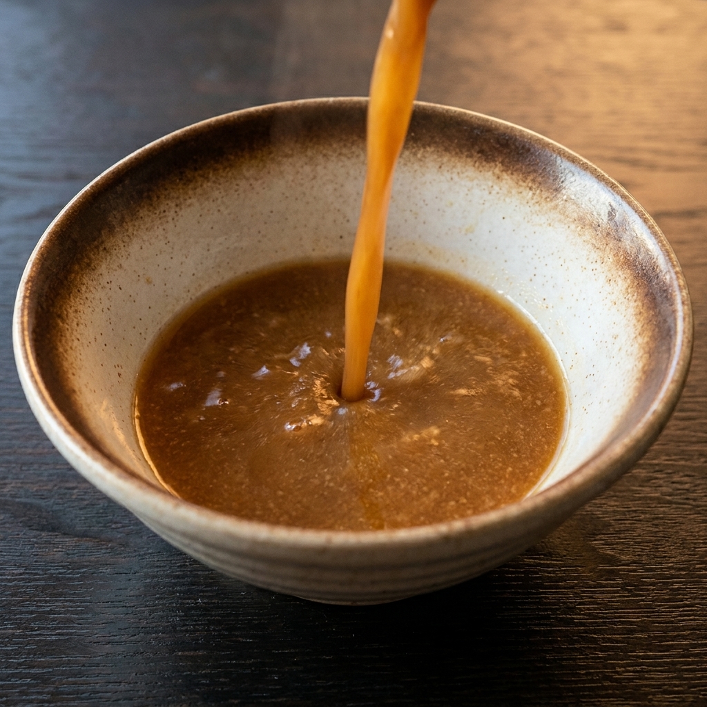 茹でた麺に熱々のスープを注いでいる様子。