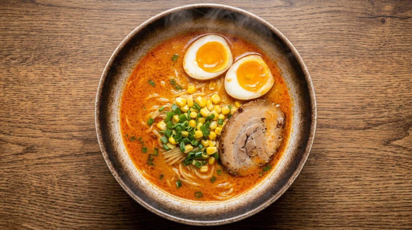 濃厚な味噌スープにチャーシュー、煮卵、コーンをトッピングした、札幌風味噌ラーメンの完成写真。