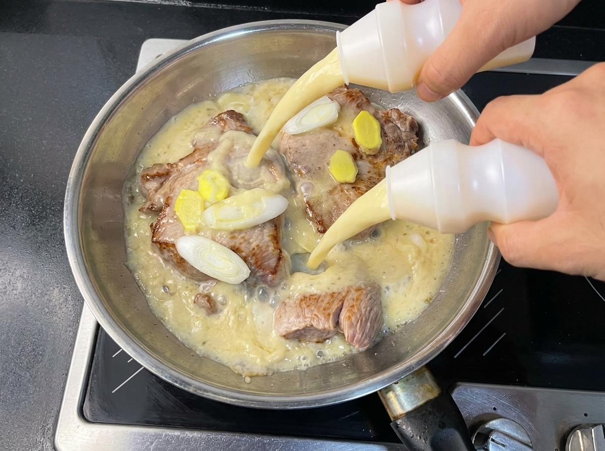 焼いた豚肉にヤクルト、生姜、長ネギを投入する様子。