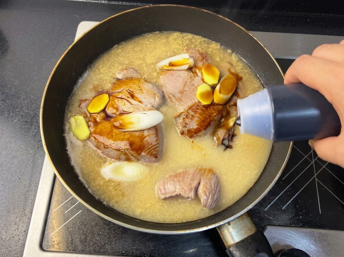 煮汁に醤油を加える様子。
